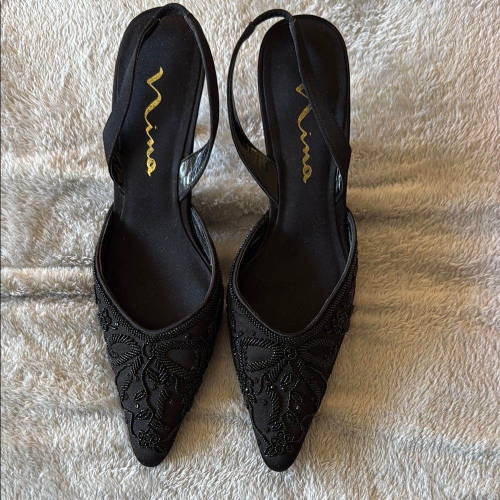 Nina Black Heels with Intricate Lace Detailing